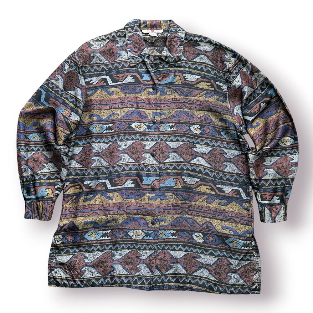 Vintage Stunt Collections Aztec Button Up Shirt Women Small 100% Silk Oversized